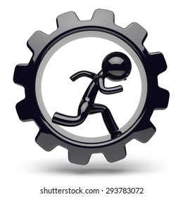 Runner man character inside gearwheel gear wheel businessman run rotate cogwheel stylized black human cartoon guy person worker gear wheel business career employment concept 3d render isolated