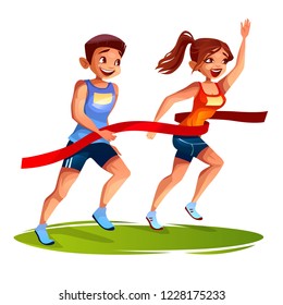 Runners on finish line illustration of young man and woman on sport marathon or sprint running. Girl first winner with raised hand at red ribbon over runner-up boy - Powered by Shutterstock