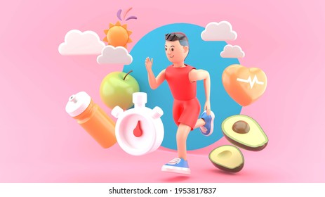 Runners are surrounded by healthy food, clocks and heart waves on a pink background.-3d rendering.