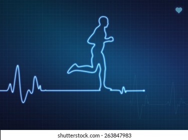 Runner-shaped Blip On A Medical Heart Monitor (ECG - Electrocardiogram) With Blue Background And Heart Symbol.