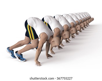 running athletes in start position isolated on white.