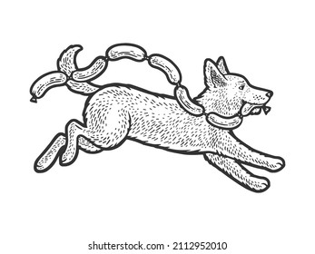 Running Dog With Stolen Sausages Sketch Engraving Raster Illustration. T-shirt Apparel Print Design. Scratch Board Imitation. Black And White Hand Drawn Image.