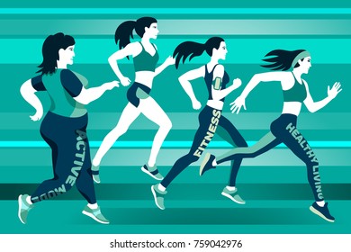 Running fat woman moves with other athletes Fitness, a healthy lifestyle. Athlete for a competition or marathon. Useful design sports banners, icons, backgrounds and posters. - Powered by Shutterstock