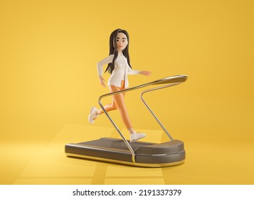 Running Girl 3d Model Character Design On Yellow Background. 