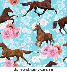 Running Horse And Flowers,seamless Pattern For Printing On Textiles,Wallpaper