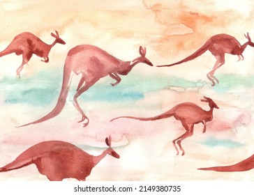 Running kangaroos on sunset background watercolor illustration