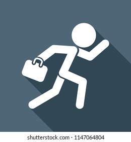 running man with case. White flat icon with long shadow on background