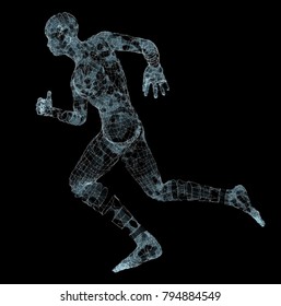 Running Man. Dots and lines with triangles. Network connection. 3d illustration