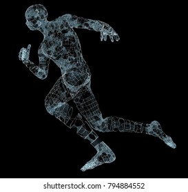 Running Man. Dots and lines with triangles. Network connection. 3d illustration