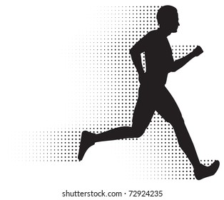 Running Man & Halftone Trail. Silhouette Of A Healthy Man Running At Great Speed With An Abstract Halftone Trail Following Behind Him.  Black And White Illustration (gradient Free).