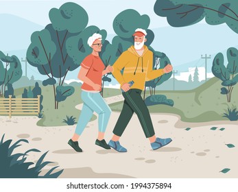 Running senior man and woman in city park with pathway, green trees, cityscape on background. jogging old lady and gentleman cartoon style characters, middle aged pensioners sportif joggers - Powered by Shutterstock