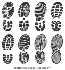 Running Sport Shoes Footprint Set. Silhouette Of Sole Print, Black Track Shoe Illustration