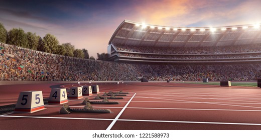 Running Track 3D Illustration. Professional Athletics Stadium. Starting Line With Starting Block