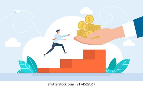 Running Up. Career Development Or Wealth Management Concept. Pay Raise Salary Increase, Wages Or Income Growth, Investment Profit And Earning Rising Up. Flat Business Style. Illustration.