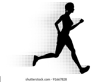 Running Woman & Halftone Trail. Silhouette Of A Healthy Woman Running At Great Speed With An Abstract Halftone Trail Following Behind Her. Black And White Illustration (gradient Free).