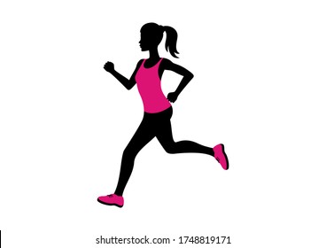 Running Woman Silhouette Icon. Running Woman In Pink Clothes Icon. Attractive Fitness Girl Silhouette. Woman In Pink Running Shoes Illustration. Jogging Slim Woman Icon Isolated On A White Background