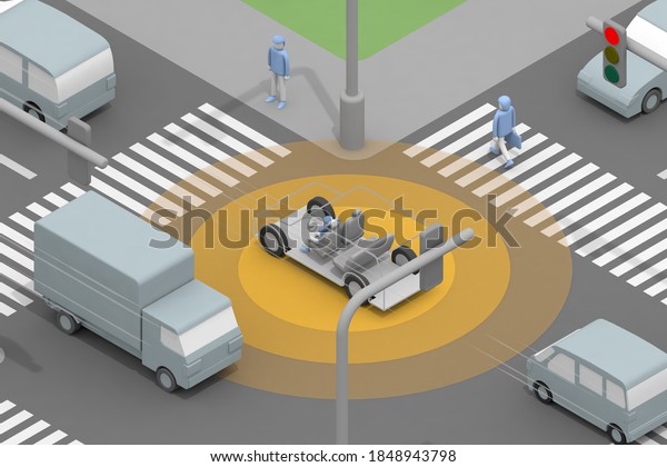 It runs automatically. Autonomous driving at\
intersections. Slow down while driving. A person who does not\
drive. 3D rendering