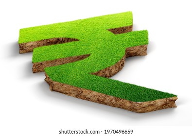 Rupee Currency Made Of Green Grass And Piece Of Soil Land. 3d Illustration.