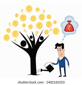 Rupee, Money Tree And Businessman Dreaming