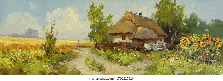 Rural House On The Outskirts Of The Village Near A Wheat Field,oil Painting, Fine Art, Road, Summer, Rural Landscape, Village, Architecture, Nature