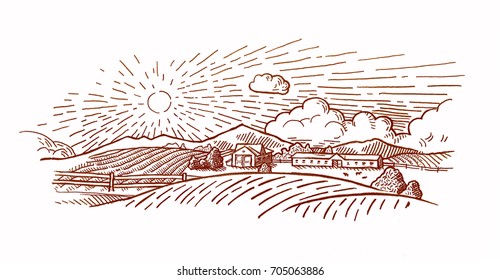 Rural Landscape With A Farm In Engraving Style/ Hand Drawn