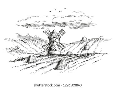 Rural Landscape Mill Version Stock Illustration 1226503843 | Shutterstock