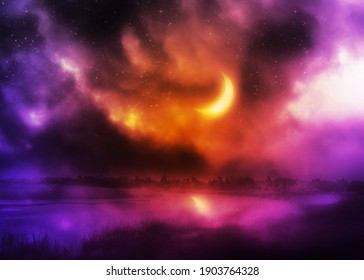 Rural landscape with river and crescent moon in the sky, photo manipulation.