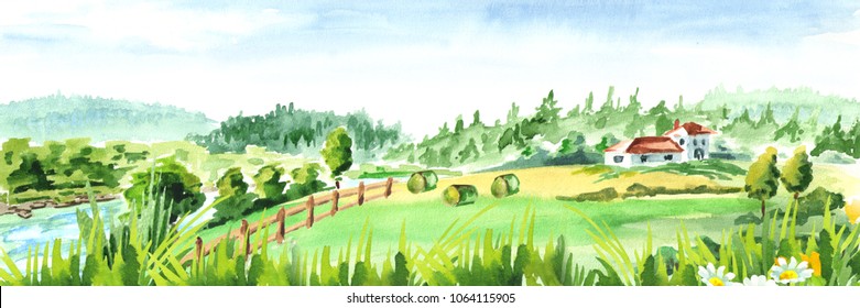 Rural Landscape With River And Farm. Watercolor Hand Drawn Horizontal Illustration