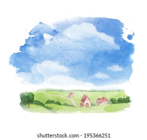 Rural Landscape. Watercolor Illustration Of Village 