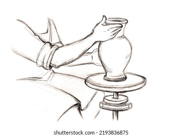 Rural Retro Biblic Woman Arm Finger Hold Wet Circle Do Cup Form Mud Product Artwork Spin Table. Historic Arab Male Human Sit Dirty Cloth Bible Labor Learn Job Hobby Symbol Concept Story Graphic Sketch