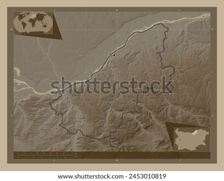 Ruse, province of Bulgaria. Elevation map colored in sepia tones with lakes and rivers. Corner auxiliary location maps