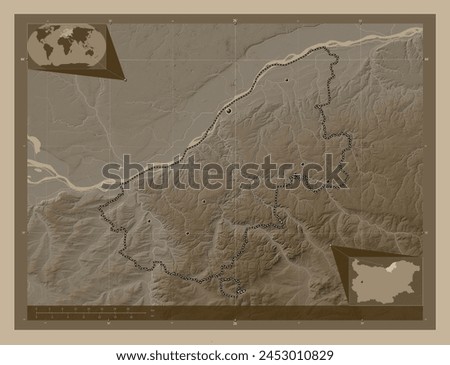 Ruse, province of Bulgaria. Elevation map colored in sepia tones with lakes and rivers. Locations of major cities of the region. Corner auxiliary location maps