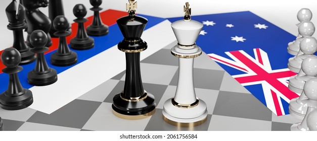 Russia And Australia Conflict, Clash, Crisis And Debate Between Those Two Countries That Aims At A Trade Deal And Dominance Symbolized By A Chess Game With National Flags, 3d Illustration