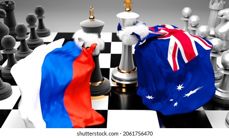 Russia Australia Crisis, Clash, Conflict And Debate Between Those Two Countries That Aims At A Trade Deal Or Dominance Symbolized By A Chess Game With National Flags, 3d Illustration