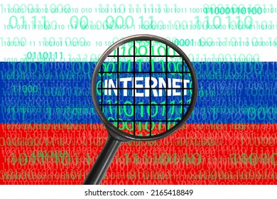 Russia Bans Internet, Hacker Cyber Attack Concept. Russian Flag With Internet Matrix Binary Data Through Magnifying Glass