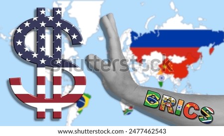 Russia blocks exchanges in US Dollars, BRICS against the American Dollar, the background a blurred map of the BRICS countries