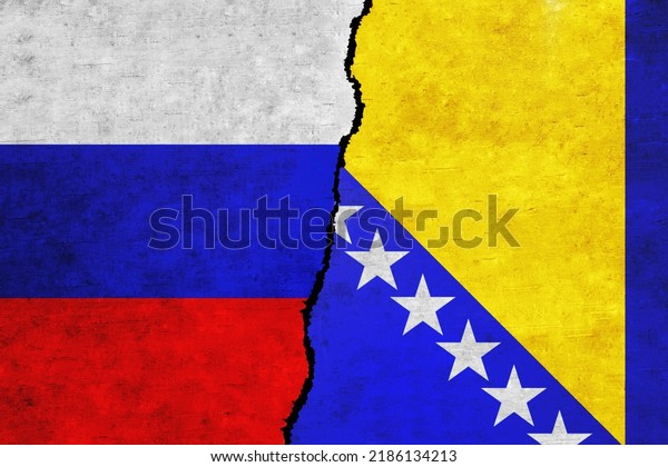 Russia and Bosnia and\
Herzegovina painted flags on a wall with a crack. Russia and Bosnia\
and Herzegovina relations. Bosnia and Herzegovina and Russia flags\
together