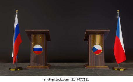 Russia And Czech. Russia And Czech Flag. Russia And Czech Negotiations. Rostrum For Speech. 3D Work And 3D Image