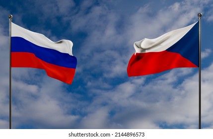 Russia And Czech Flags. Blue Sky Flag Russia And Flag Czech. 3D Work And 3D Image