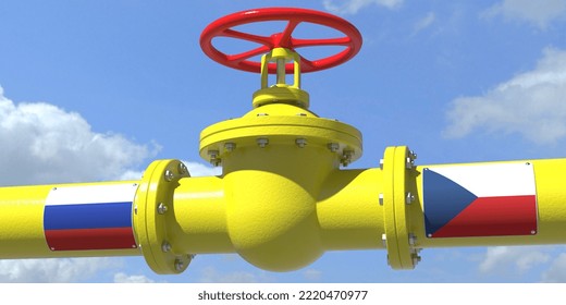 Russia Czech Republic Gas Or Oil Transit Concept. Pipe With Valve,  3D Rendering