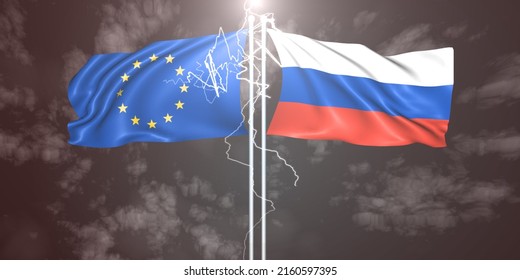 Russia, European Union Bad Relations, Russian Flag And European Union Flag With Hot Background, 3d Illustration