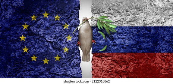 Russia and European Union peace crisis as a geopolitical conflict clash between as a Europe security concept due to political dispute and finding a diplomatic agreement in a 3D illustration style.