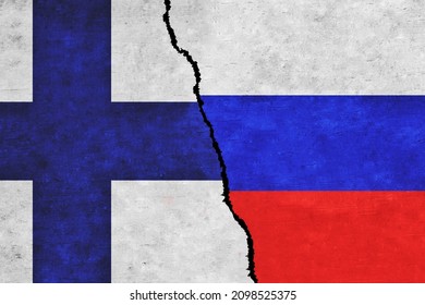 Russia and Finland painted flags on a wall with a crack. Russia and Finland relations. Finland and Russia flags together. Russia vs Finland