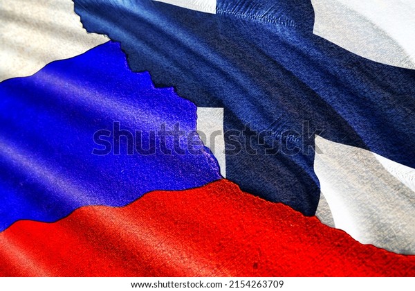Russia and Finland\'s relationship is in\
crisis, 3D rendering illustration of background concept with the\
two countries\' flags, Russia Finland politics relationship\
friendship divided\
conflicts,