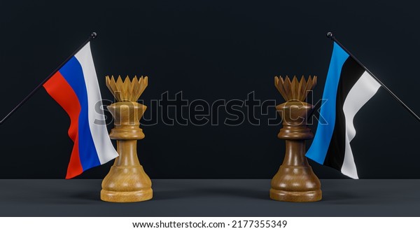 Russia flag and Estonia flag and chess king on\
chessboard, Russia vs Estonia countries political conflict and war\
concept, 3D work and 3D\
image