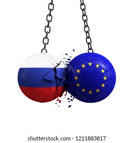 Russia Flag And European Union Political Balls Smash Into Each Other. 3D Rendering