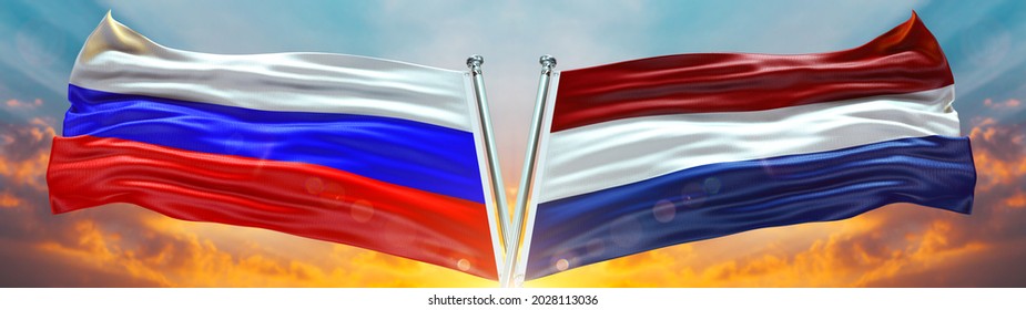 Russia Flag And Netherlands Flag Waving With Texture Sky Clouds And Sunset Double Flag - 3D Illustration - 3D Render  