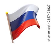 Russia flag on pole. Metal flagpole. National flag of Russia illustration