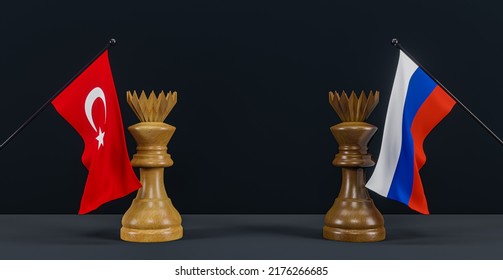 Russia flag and turkey flag and chess king on chessboard, Russia vs turkey countries political conflict and war concept, 3D work and 3D image