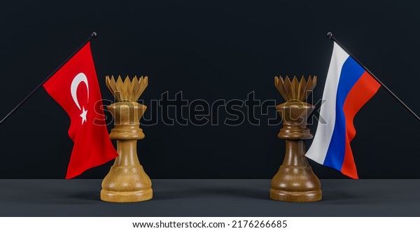 Russia flag and turkey flag and chess king on\
chessboard, Russia vs turkey countries political conflict and war\
concept, 3D work and 3D\
image